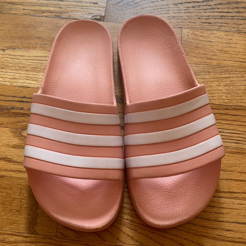 Salmon/Pink Adidas white striped slides